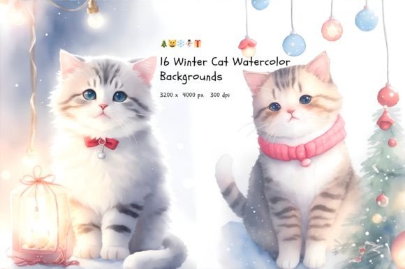 16 Winter Cat Watercolor Backgrounds for Your Projects