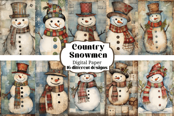 Country Snowmen Junk Journal Backgrounds: Rustic Winter Charm