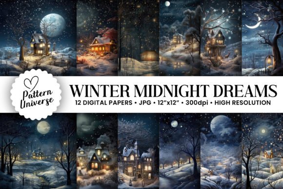Midnight Winter Dreams Backgrounds: 12 Magical Digital Papers